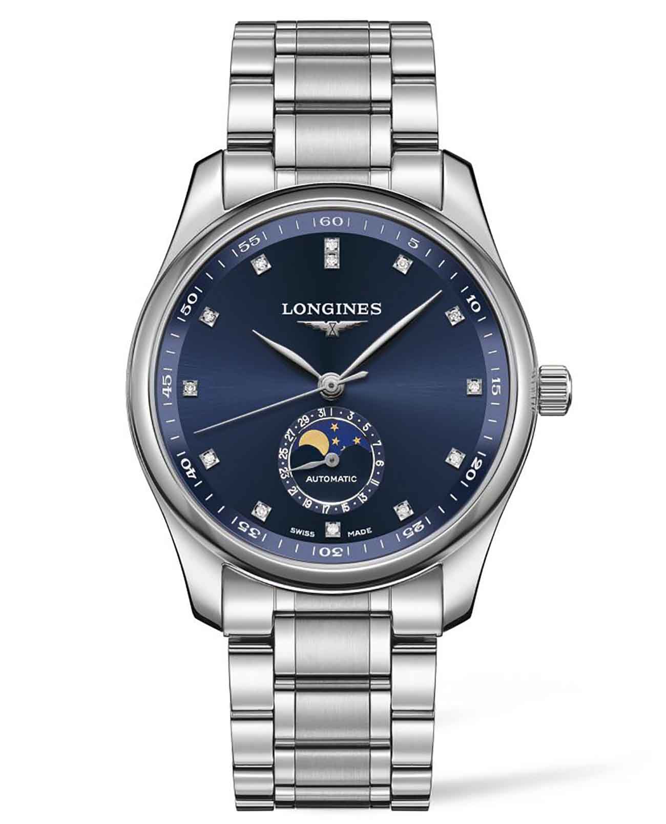 Longines Longines Master Collection L2.909.4.97.6  L29094976 механические мужские часы синий циферблат, браслет нержавеющая сталь — вид спереди